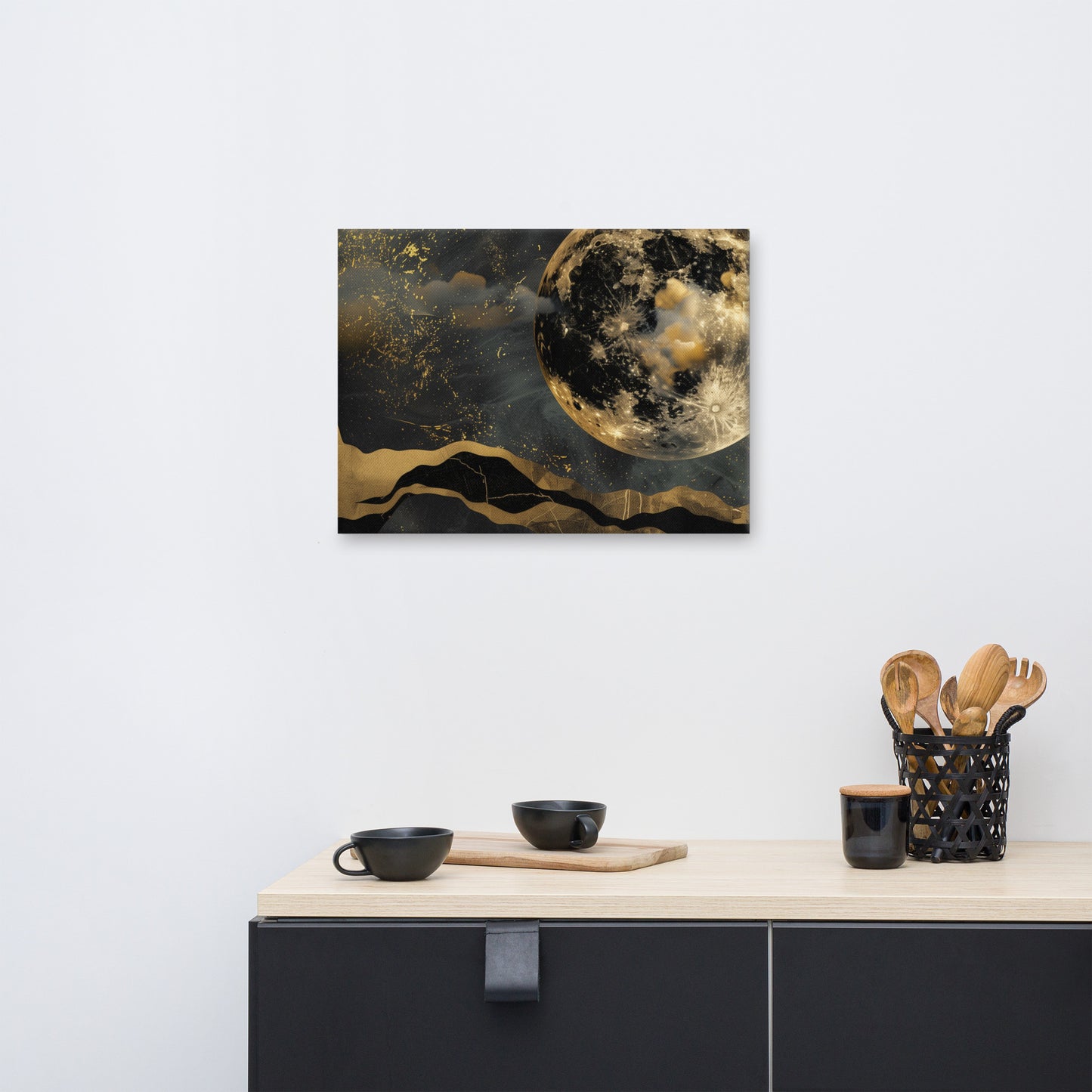 Black Gold Moon Canvas Wall Art, Abstract Clouds Celestial Wrapped Print Small Large Big Gallery Artwork Painting Living Room Hanging