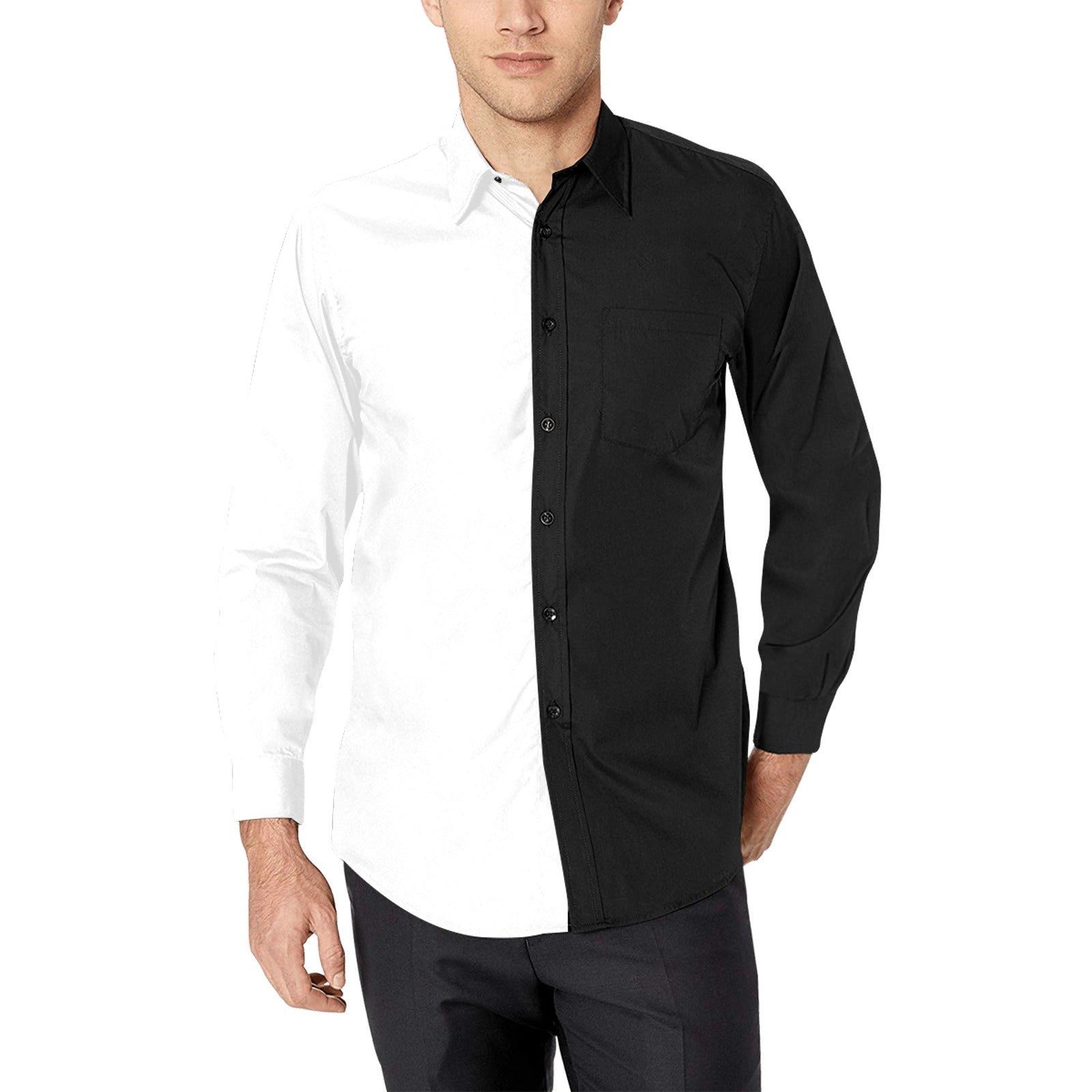 black color combination dress for man Half Half White Long Sleeve Men Button Up Shirt, Block Split Two Tone Combo Print Buttoned Collared Shirt Chest Pocket 2XL BATCH_2024-1-11-MF Color:Custom Colour Standard neck size that Black Stretch Velvet Crystal