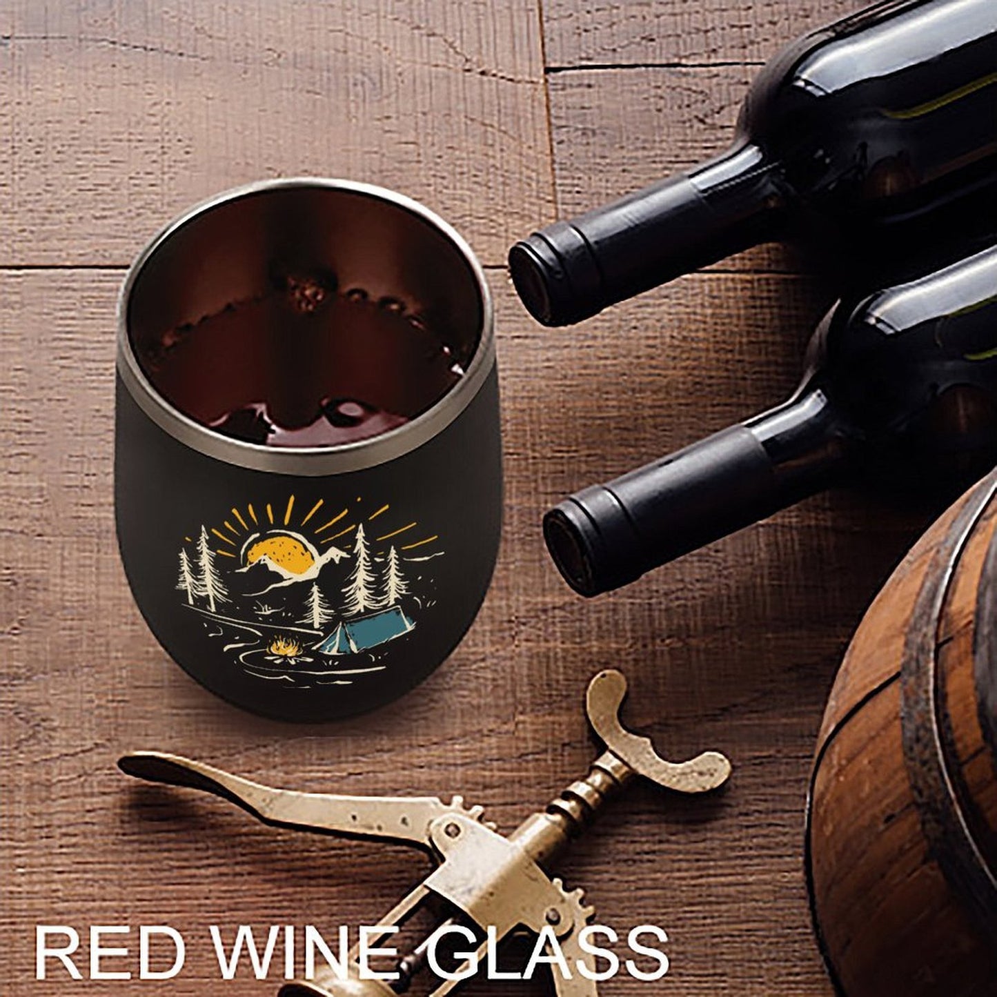 Mountain Camping Wine Tumbler with Lid, Pine Tree Sunset Goblet Mug Stemless Insulated Stainless Steel 12 oz Travel Cup Gift Idea