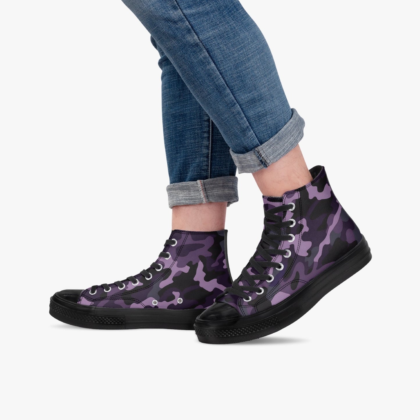 Black Purple Camo High Top Shoes Sneakers, Camouflage Men Women Lace Up Footwear Canvas Streetwear Designer Ladies Guys Casual - Starcove Fashion