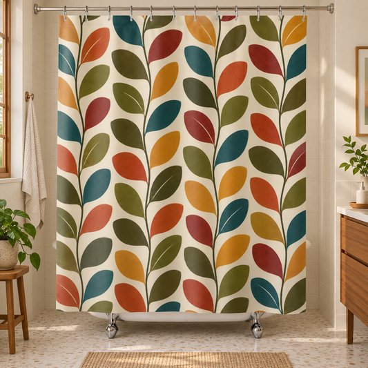 Mid Century Scandinavian Leaf Shower Curtain, Retro Nordic Botanical Teal Orange Mustard Bathroom Decor Nature Housewarming Gift 71" x 74"