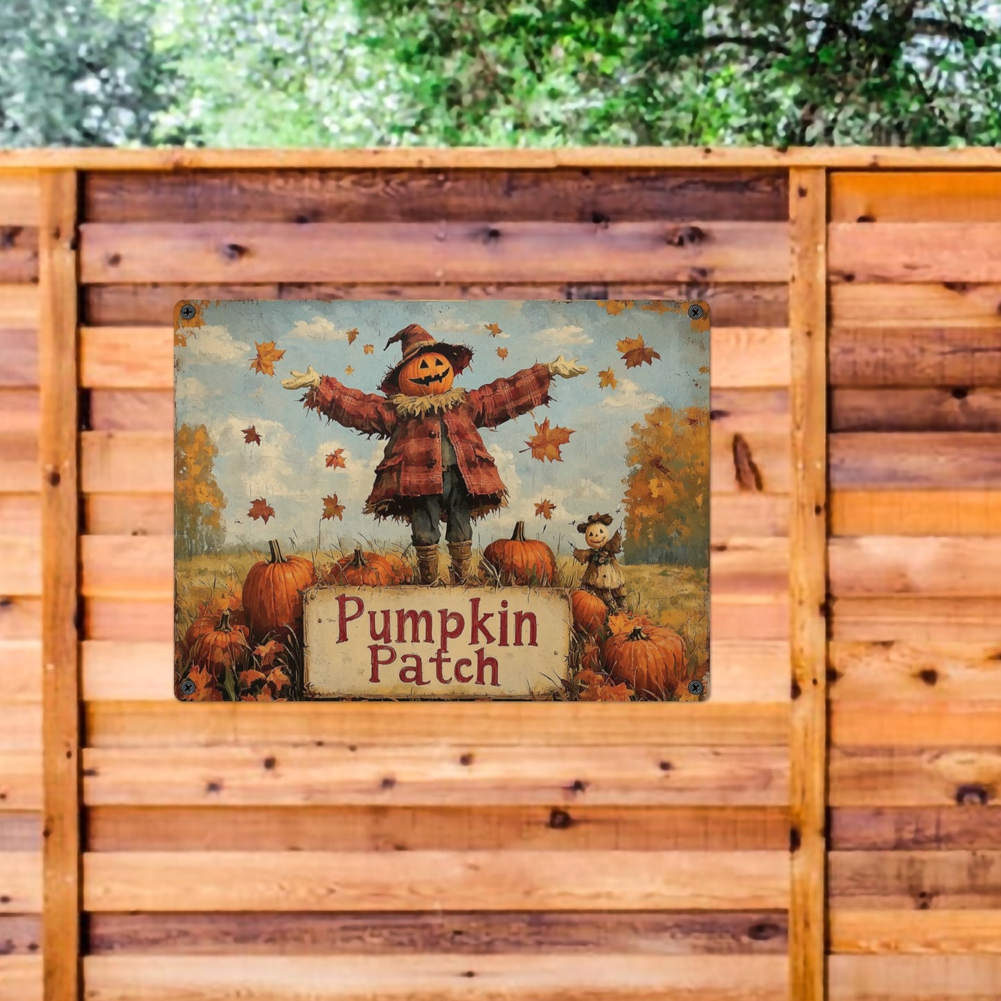 Pumpkin Patch Vintage Metal Tin Signs, Scarecrow Fall Autumn Harvest Farmhouse Landscape Retro Wall Hanging Garage Tacker Outdoors Exterior
