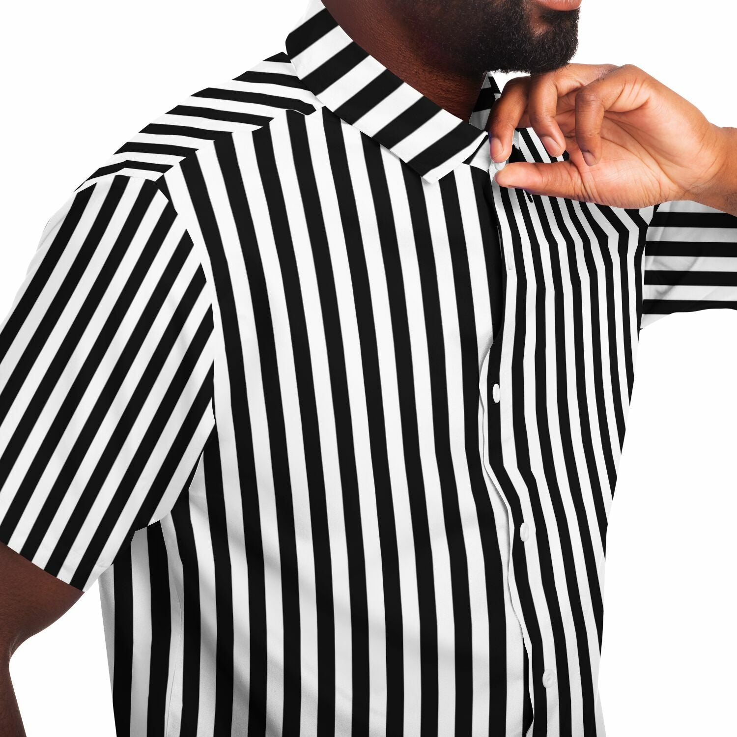Black and White Vertical Striped Men Button Up Shirt, Short Sleeve