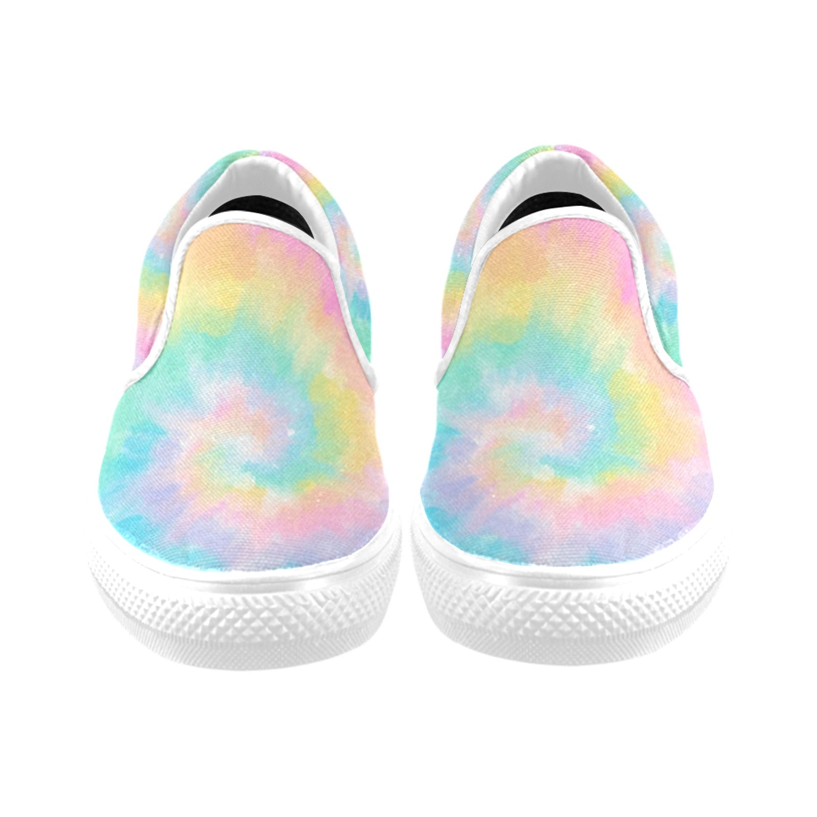 Pastel Tie Dye Women Slip On Shoes, Rainbow Canvas Sneakers White