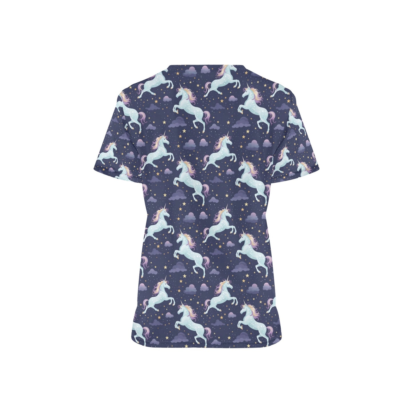 Unicorn Medical Scrubs Top Women, Stars Ladies Female Plus Size Nursing Cute Printed Nurse Vet Veterinary Assistant Uniform V Neck Pockets