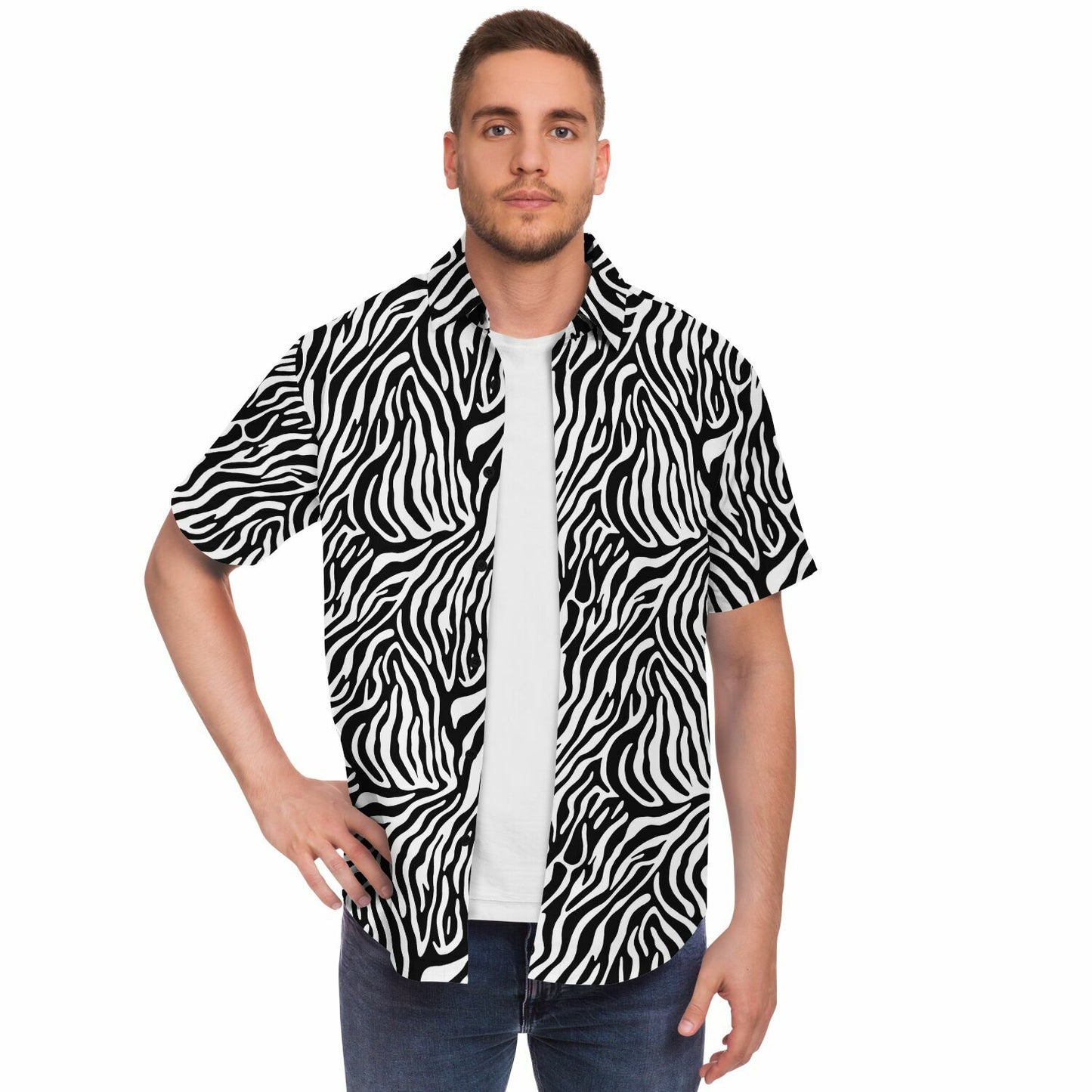 Zebra Men Button Up Shirt, Animal Stripe black White Short Sleeve Print Casual Buttoned Down Summer Male Guys Collared Designer Dress