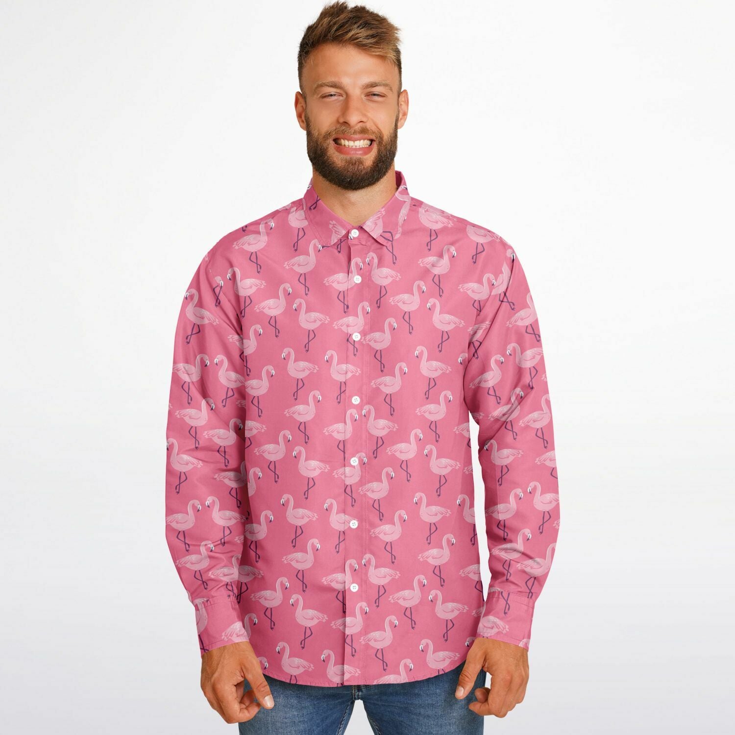 Pink Flamingo Long Sleeve Men Button Up Shirt, Tropical Guys Male Print Buttoned Down Collared Graphic Casual Dress Plus Size Shirt Xs Pink Flamingo Long Sleeve Men Button Up Shirt, Tropical Guys Male Print Buttoned Down Collared Graphic Casual Dress Plus Size Shirt Xs