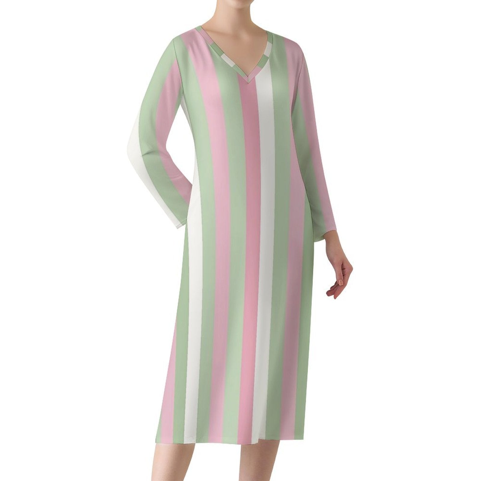 Pink Green Striped Long Sleeve Midi Dress, V-Neck Pastel White Women Ladies Casual Cute Designer Elegant Cocktail Summer Dress White / L Pink Green Striped Long Sleeve Midi Dress, V-Neck Pastel White Women Ladies Casual Cute Designer Elegant Cocktail Summer Dress White / L