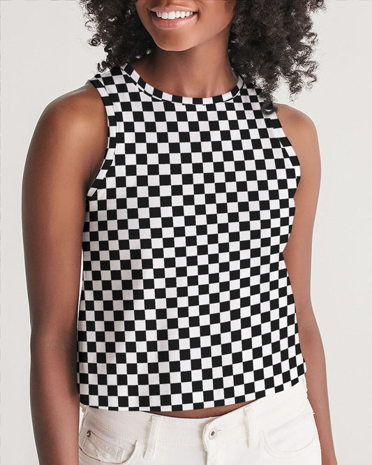 Black White Checkered Women Crop Tank Top, Racing Checks Y2k 90s Festival Cropped Yoga Workout Sexy Summer Sleeveless Designer Female Shirt