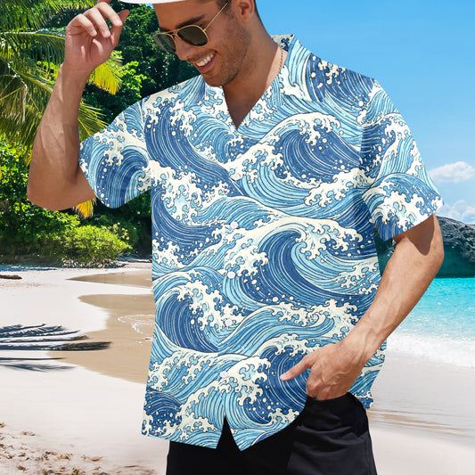Blue wave Hawaiian Men Shirt, Japanese Ocean Sea Indigo Surf Beach Vintage Aloha Hawaii Tropical Plus Size Guys Button Down Vacation