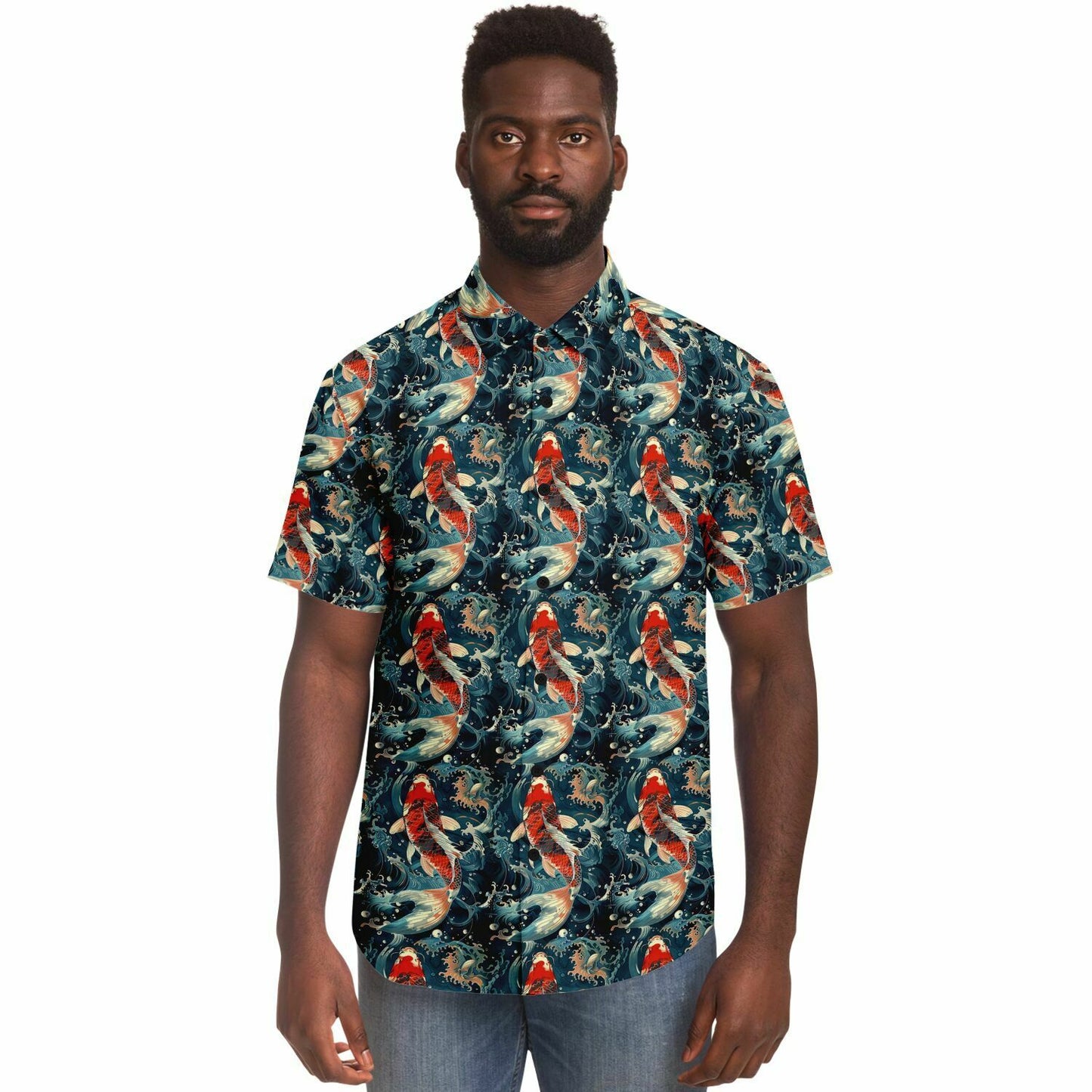 Koi Fish Men Button Up Shirt, Japanese Asian Wave Ocean Beach Short Sleeve Print Casual Buttoned Down Summer Guys Collared Designer Dress
