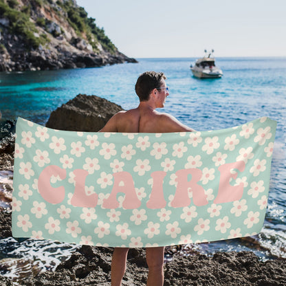 Custom Personalized Beach Towel, Name Retro Daisy Groovy Floral Microfiber Large Swim Quick Dry Kids Adult Men Women Cotton Blanket Gift