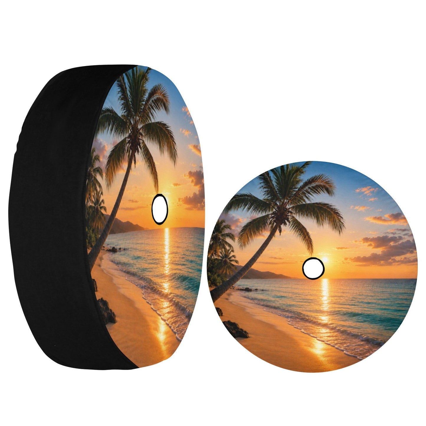 Beach Spare Tire Cover, Sunset Backup Camera Hole Rear Wheel Accessories Sun Tropical Palm Trees Waves Custom Unique Trailer Camper RV Back
