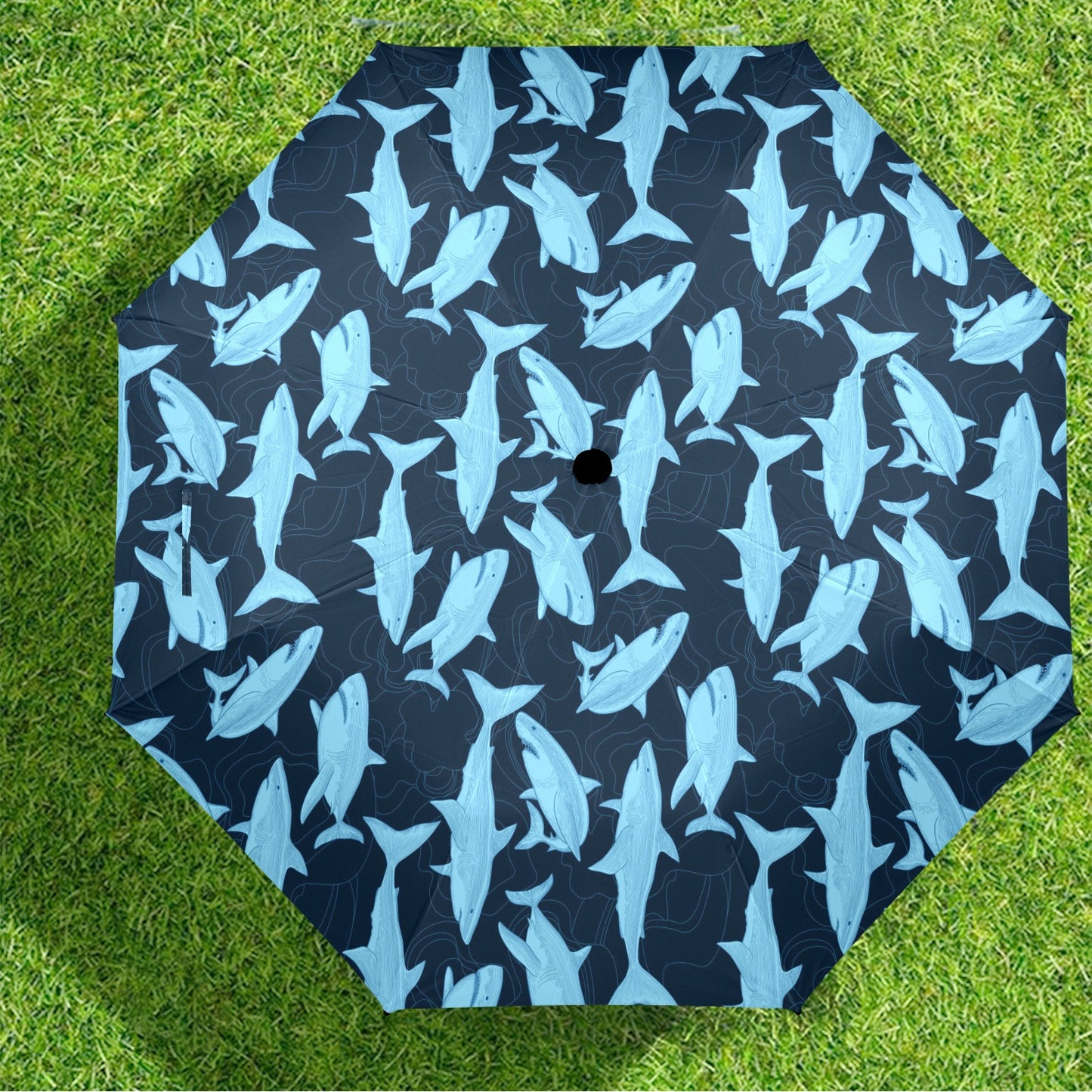 Shark Umbrella, Blue Ocean Sea Golf Anti-UV Semi-Automatic Sun Beach Rain Parasol Large Compact Travel Windproof Designer Luxury Men Women