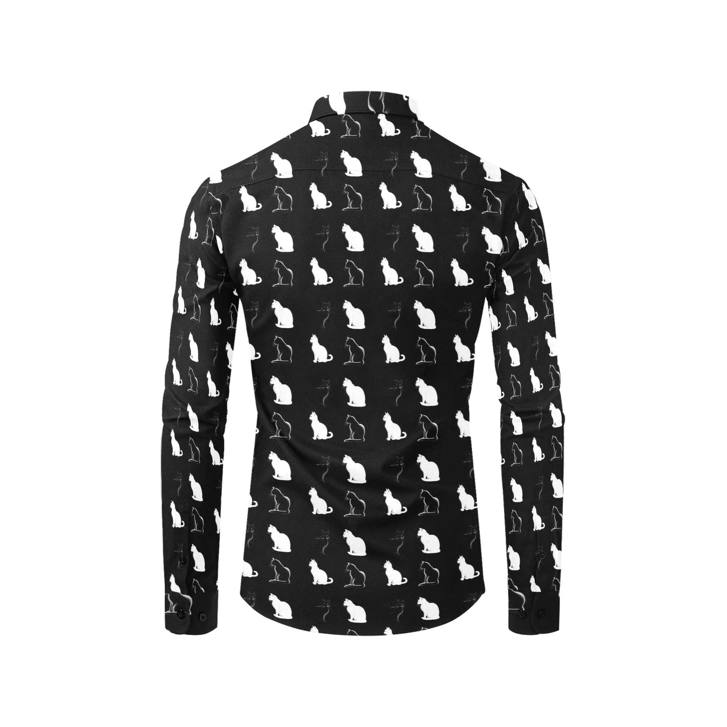 Cats Long Sleeve Men Button Up Shirt, Black White Kitten Themed Print Buttoned Down Collar Business Casual Dress Shirt Male Chest Pocket