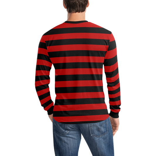 Dark Red and Black Striped TShirt Men Long Sleeve, Graphic Vintage Retro Stripes Crewneck Unisex Women Halloween Punk Emo Goth Designer Tee - Starcove Fashion