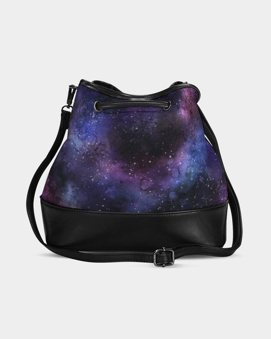 Galaxy Universe Mini Bucket Bag, Space Purple Stars Handbag Purse Women Ladies Canvas Vegan Leather Drawstring Designer Small Shoulder - Starcove Fashion