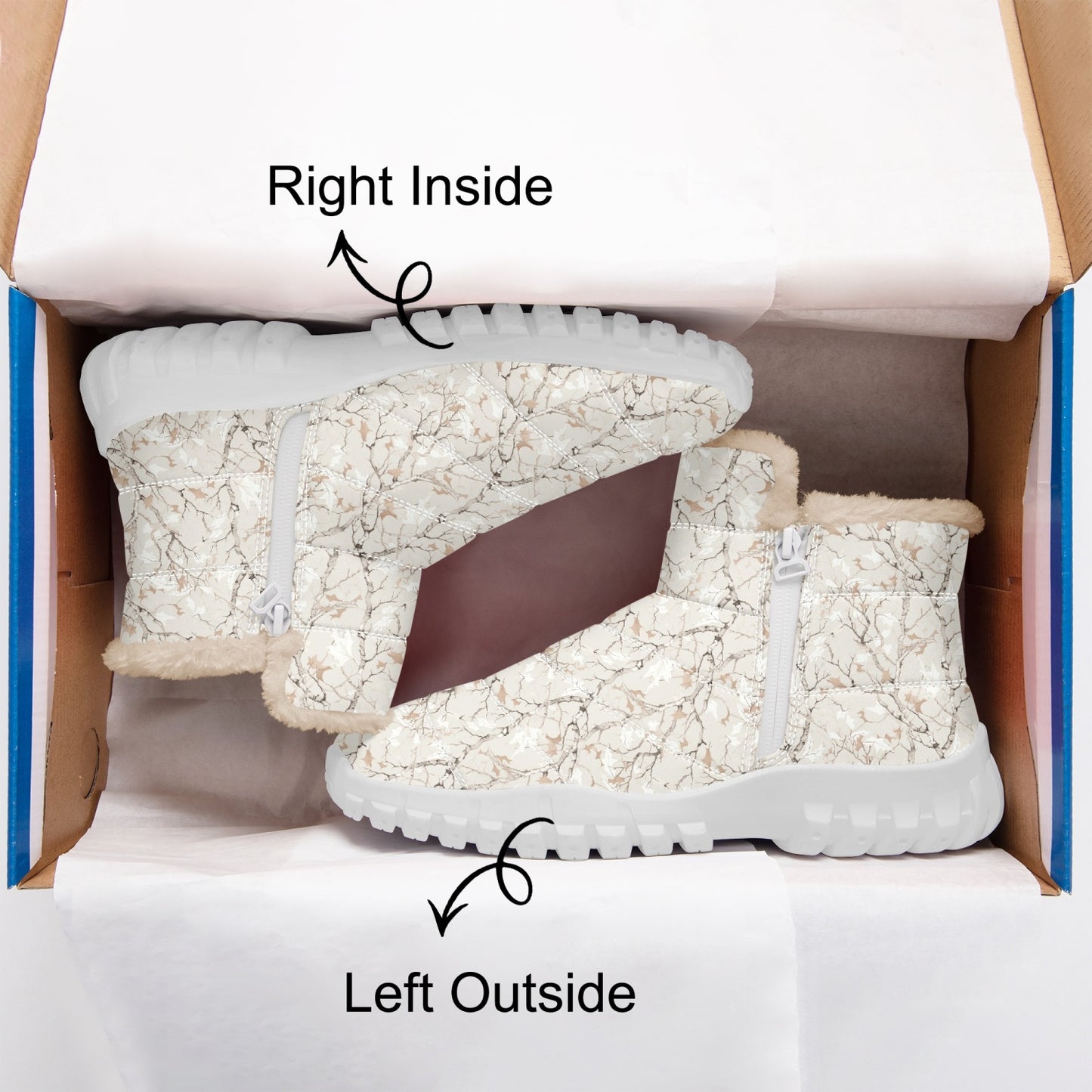 Cream Camo Faux Fur Boots, White Camo Women Men Fleece Sherpa Zipper Up Shoes Hiking Festival Ankle Combat Work Winter Waterproof