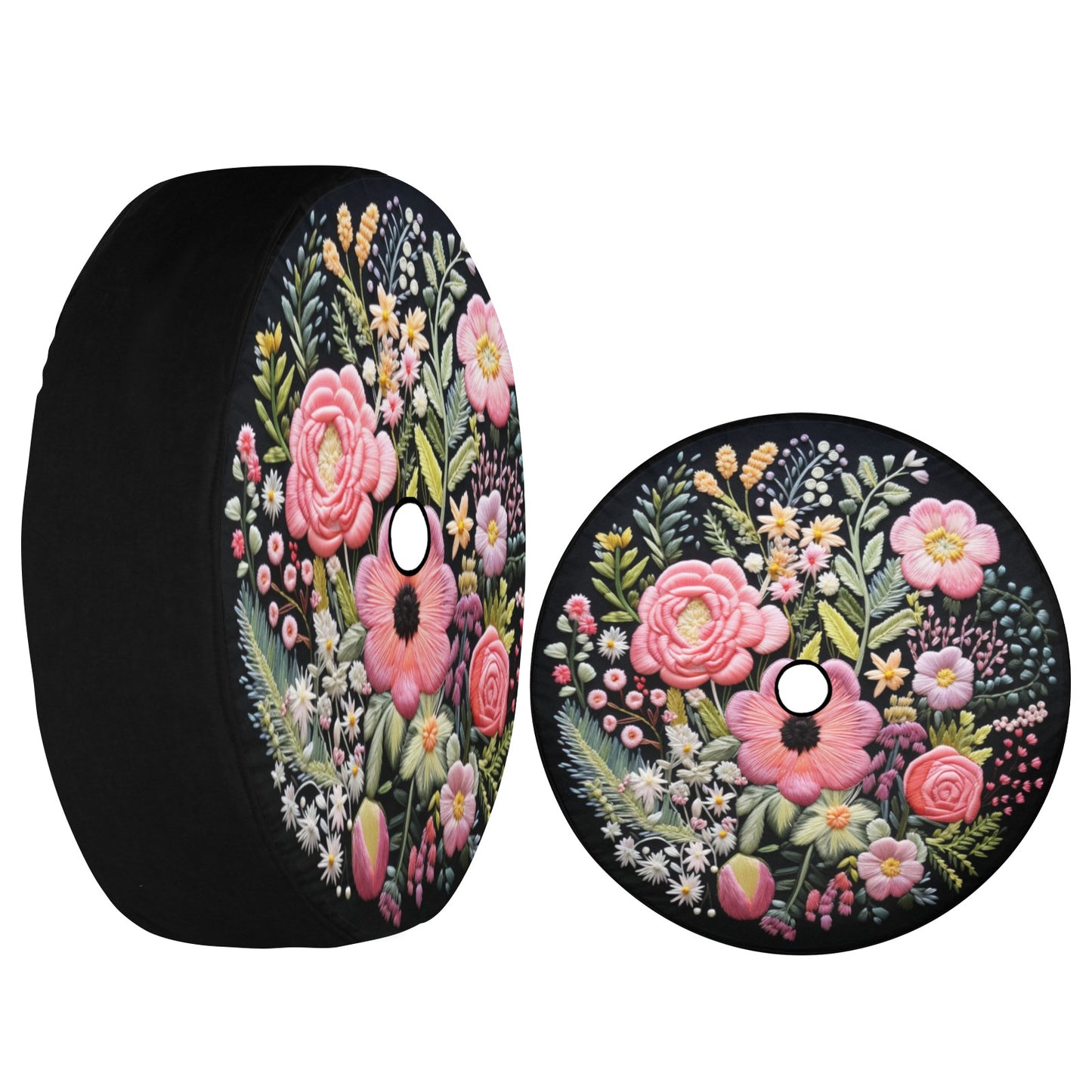 Pink Flowers Spare Tire Cover, Faux Embroidery Printed Floral Wheel Accessories Unique Design Backup Camera Hole Trailer Back Women RV Gift