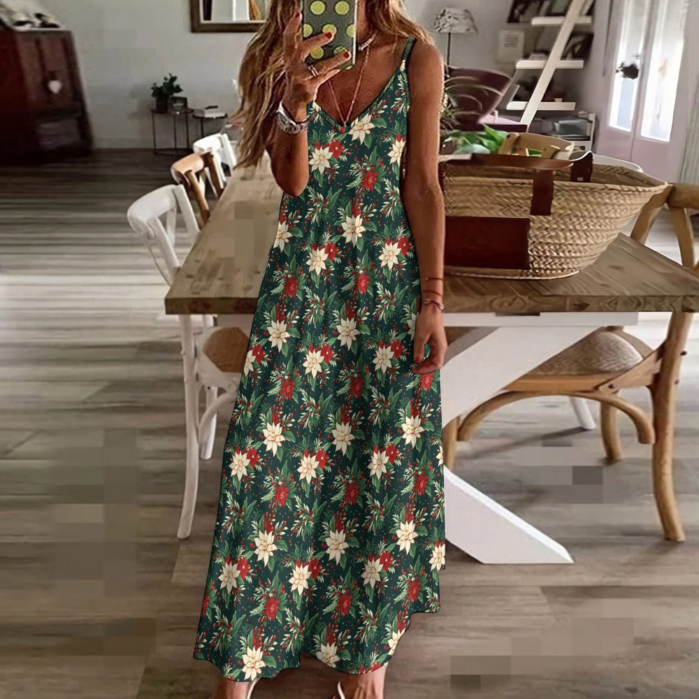 Christmas Party Maxi Dress, Green Red Vintage Xmas Berries Long Spaghetti Straps Women Sleeveless Casual Cute Designer Plus Size Cocktail 3XL / White Christmas Party Maxi Dress, Green Red Vintage Xmas Berries Long Spaghetti Straps Women Sleeveless Casual Cute Designer Plus Size Cocktail 3XL / White