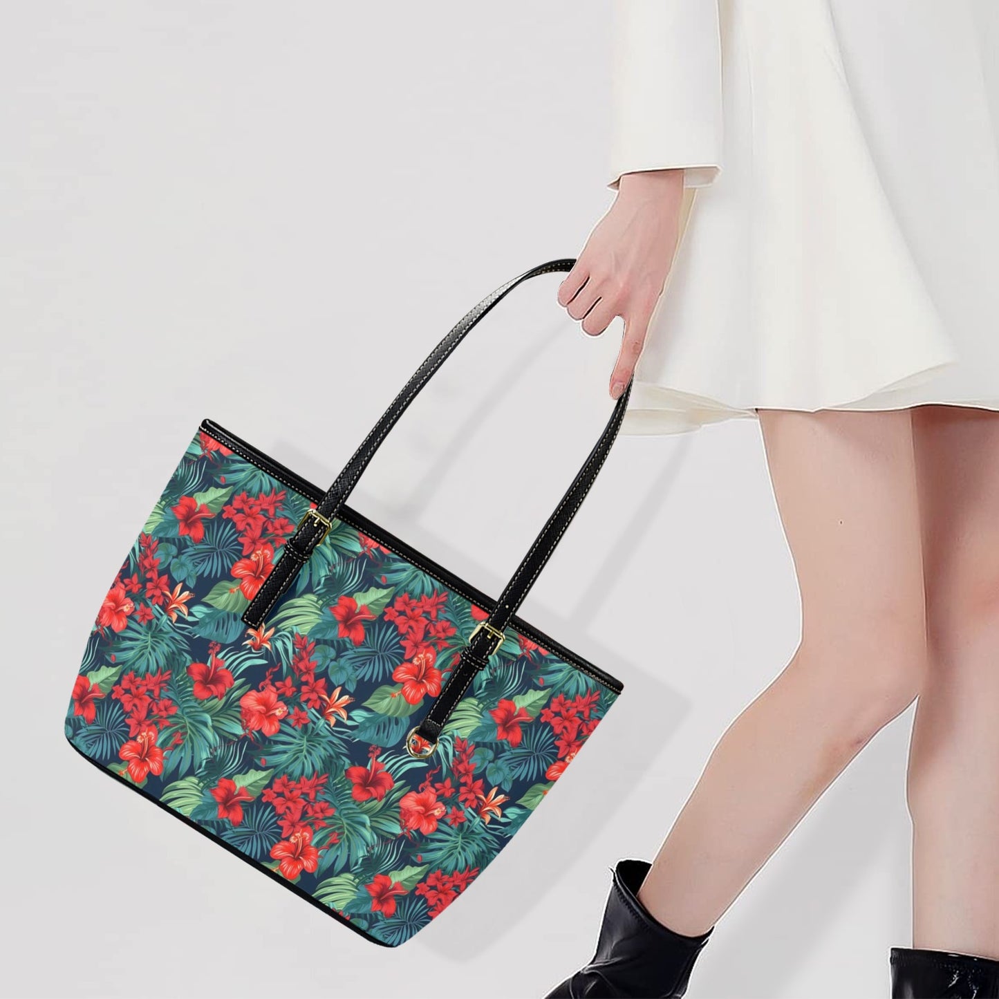 Red Tropical Flowers Tote Bag Purse, Hibiscus Floral Art Women Vegan Leather Handbag Zip on Top Designer Handmade Shoulder Ladies Bag