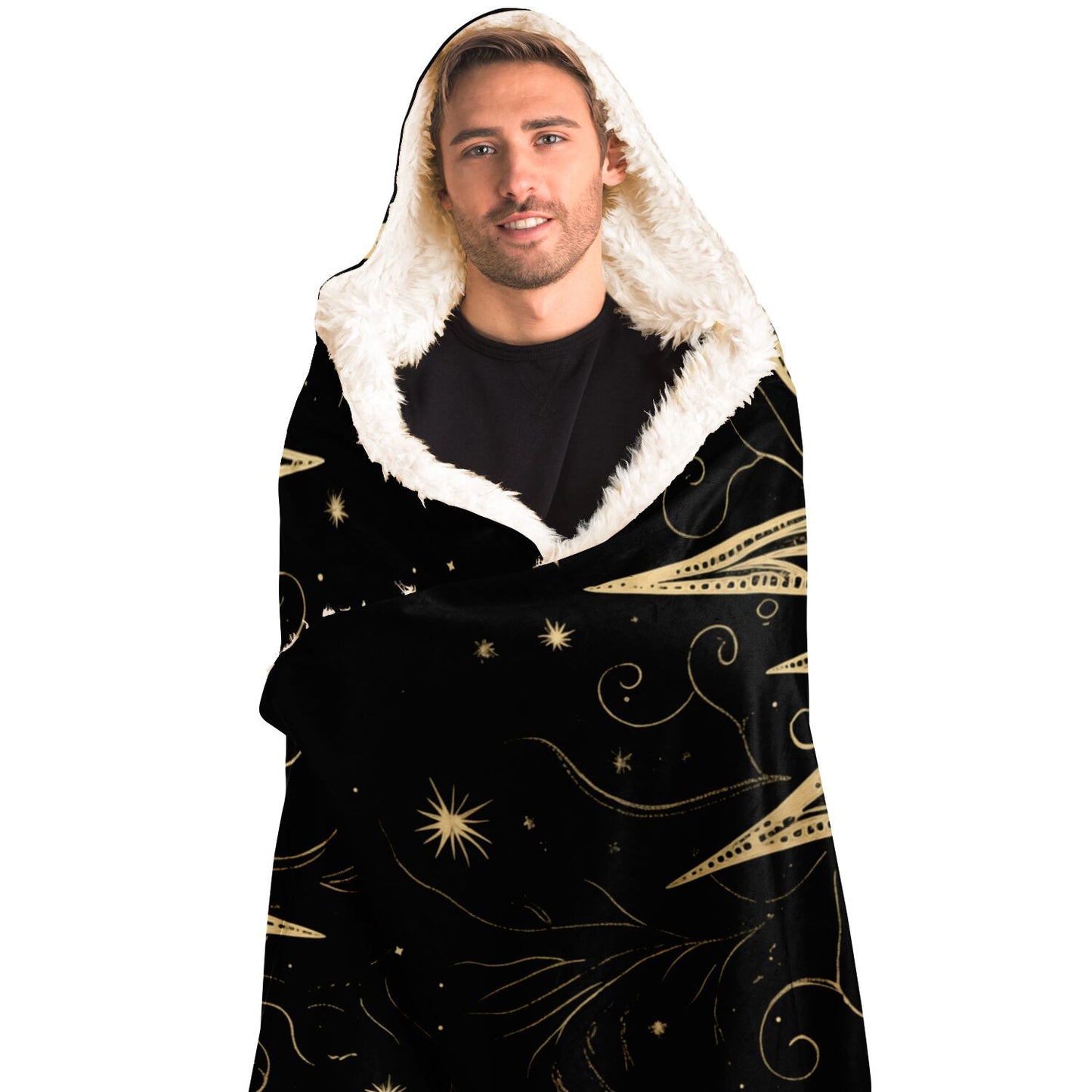 Vintage Sun Stars Hooded Blanket, Black Retro Mystical Face Sherpa Fleece Soft Fluffy Cozy Warm Adult Men Women Kids Large Wearable Hood