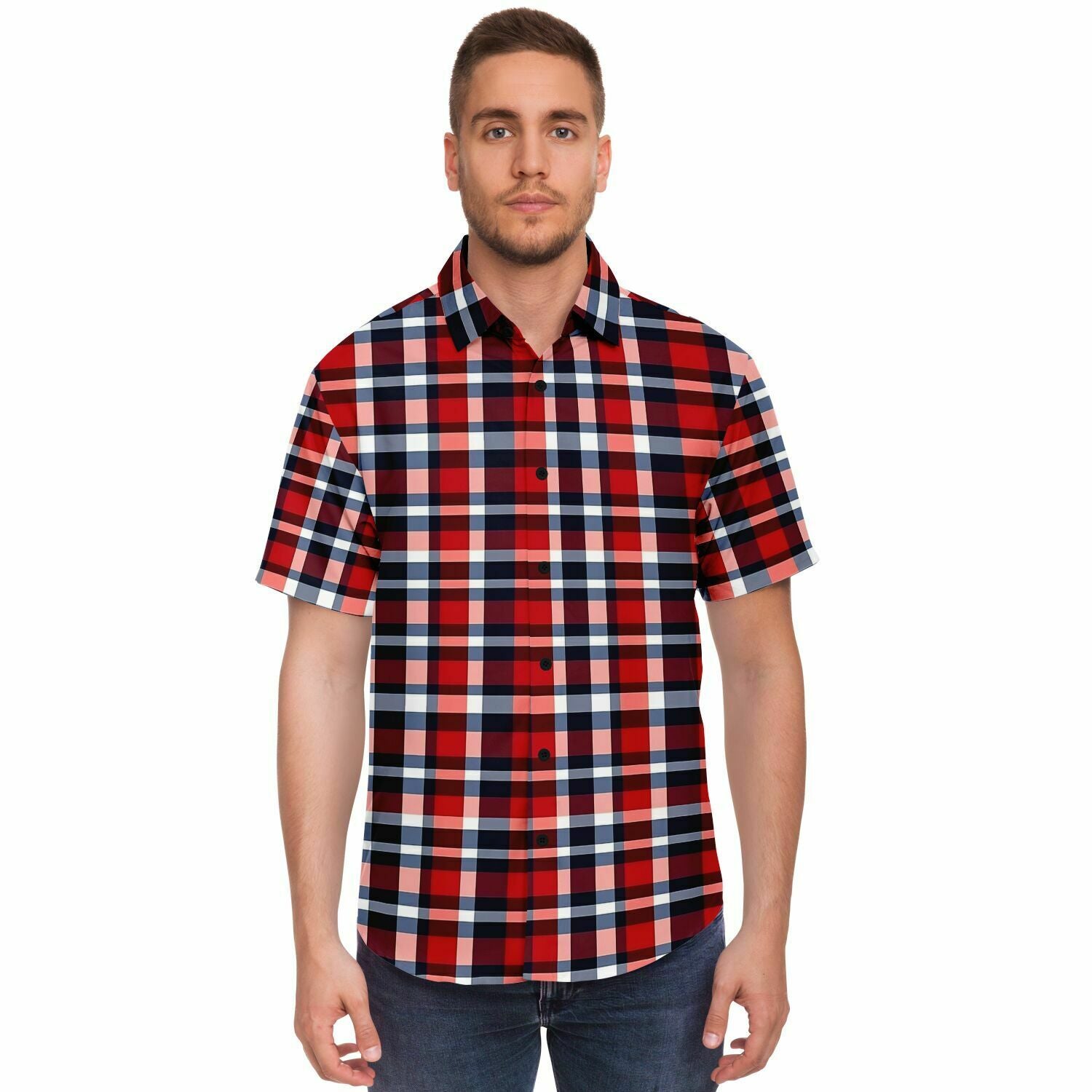 Buffalo Plaid Short Sleeve Men Button Up Shirt, Red White Blue