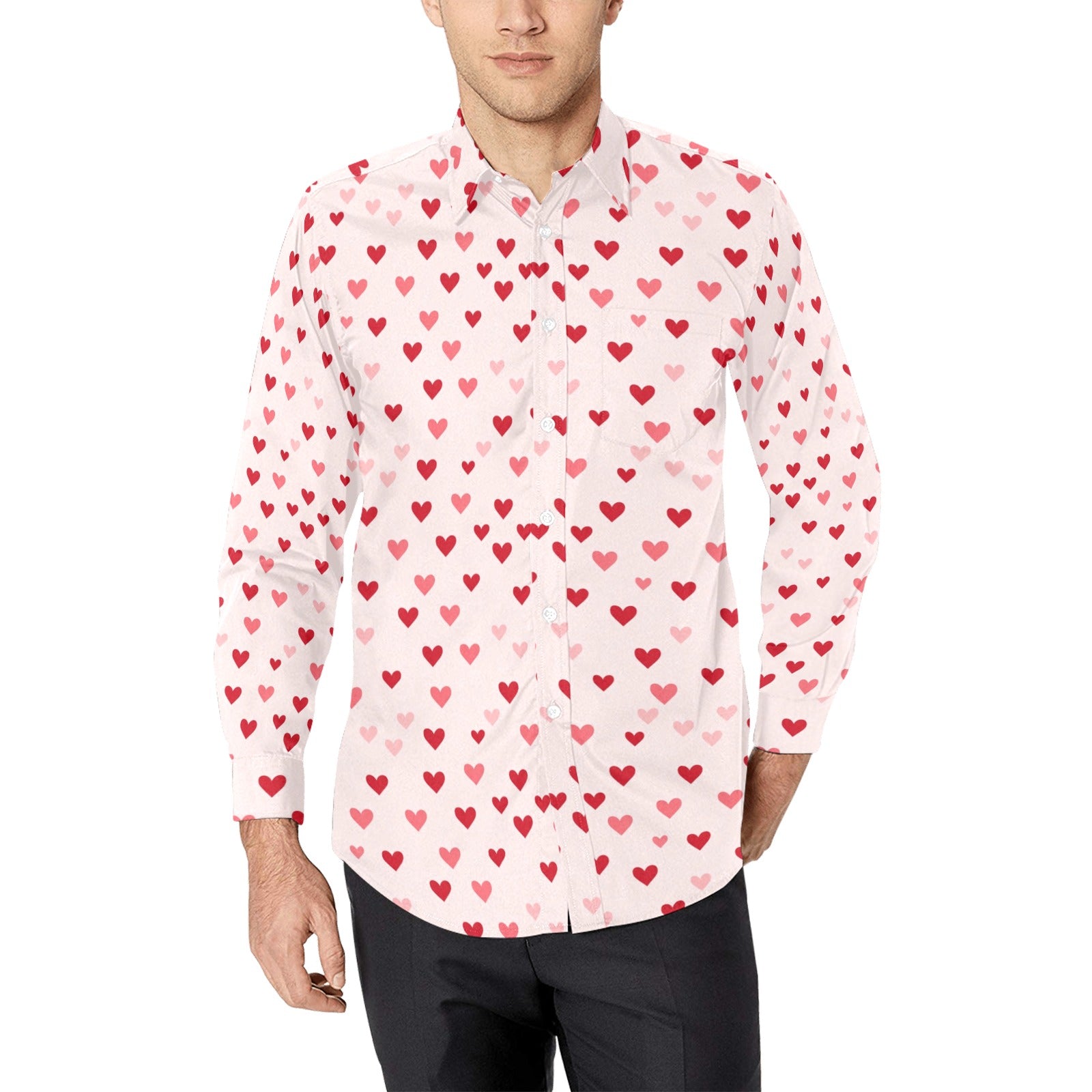 Pink Hearts Long Sleeve Men Button Up Shirt, Valentine's Day Fun Print Dress Male Buttoned Collar Casual Dress Shirt with Chest Pocket M Pink Hearts Long Sleeve Men Button Up Shirt, Valentine's Day Fun Print Dress Male Buttoned Collar Casual Dress Shirt with Chest Pocket M