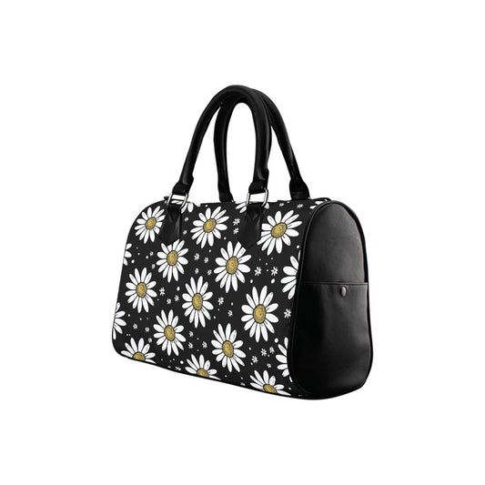 Daisy Handbag Purse, White Floral Flowers Black Print Cute Art Zipper Canvas Leather Top Handle Barrel Type Women Designer Ladies Bag - Starcove Fashion
