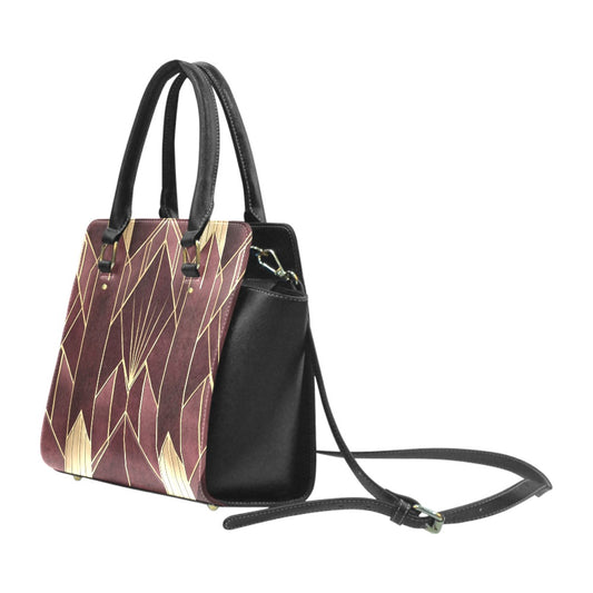 Burgundy Art Deco Purse Handbag, Maroon Print Gold Cute Vegan Leather Designer Women Ladies Female Tote Top Zip Handle Bag Shoulder Strap