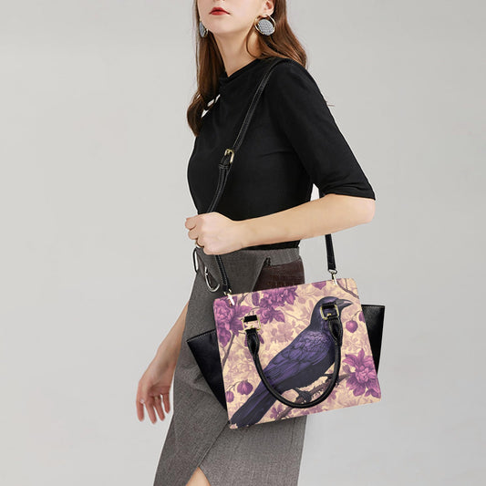 Gothic Violet Raven Purse Handbag, Crow Purple Cottagecore Floral Vintage Leather Designer Women Ladies Satchel Top Zip Handle Bag Shoulder