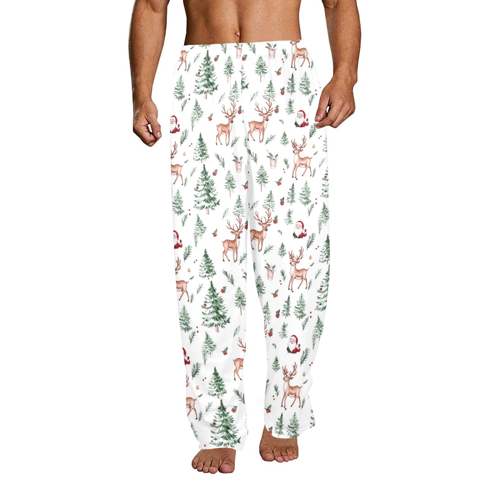 White Christmas Men Pajamas Pants, Santa Claus Trees Reindeer Xmas