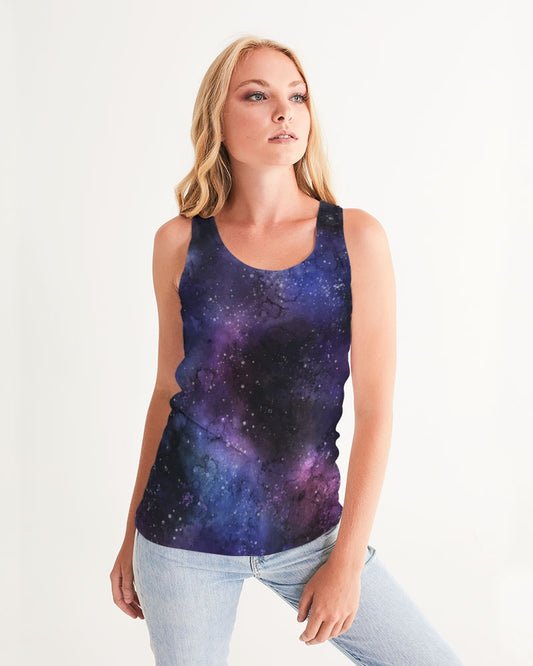 Galaxy Women Tank Top, Space Universe Print Purple Festival Yoga Workout Sexy Summer Muscle Sleeveless Female Designer Shirt Tee