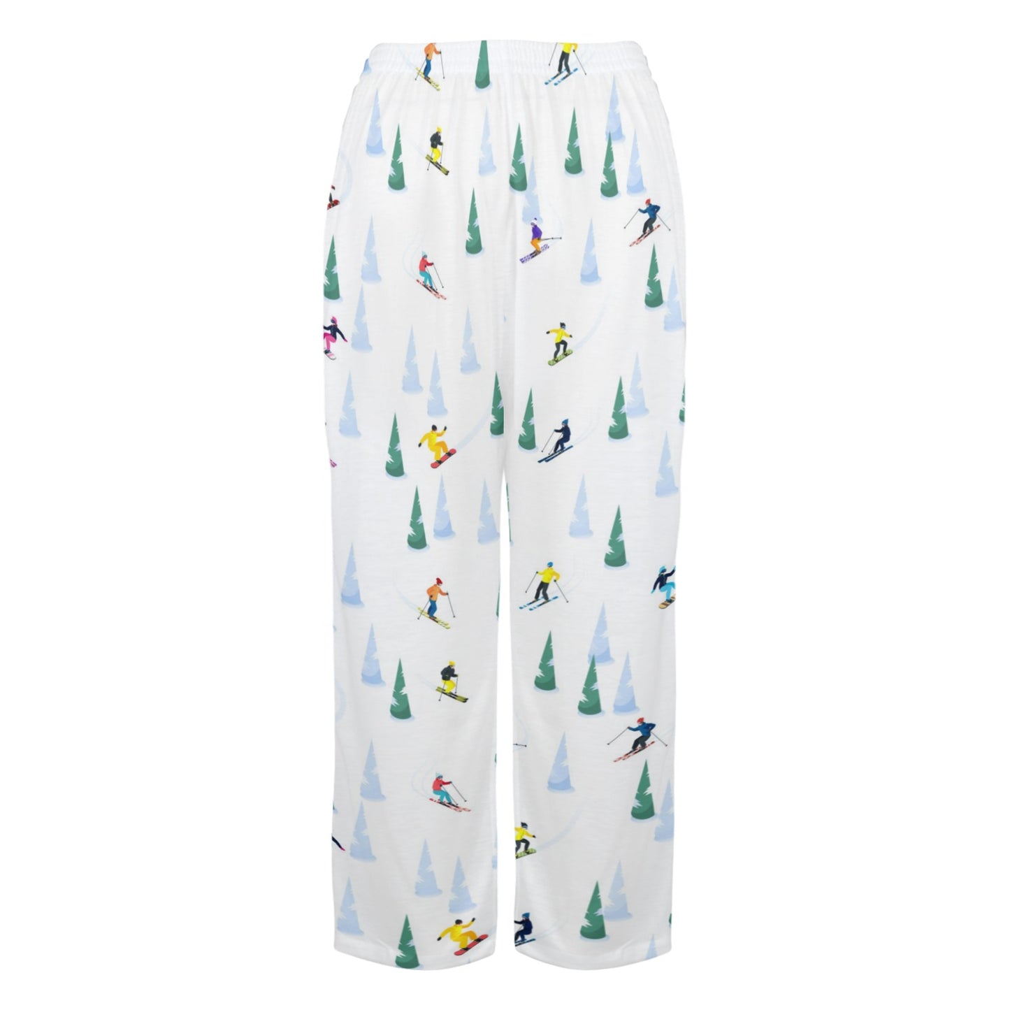 Ski Women Pajamas Pants, Snowboard Skier Pine Trees Snow Winter Sports Satin PJ Funny Pockets Trousers Couples Matching Ladies Bottoms