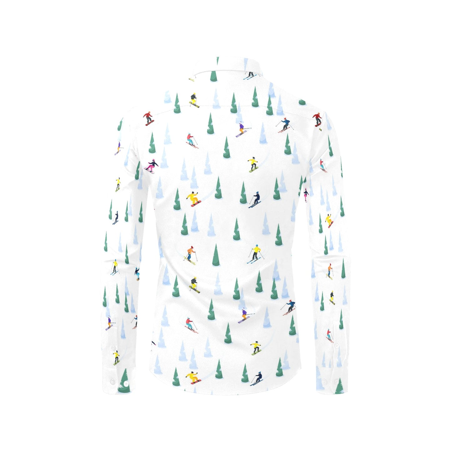 Ski Skiing Long Sleeve Men Button Up Shirt, Snowboard Snow Skiers White Print Guys Male Graphic Buttoned Collared Casual Dress Chest Pocket - Starcove Fashion