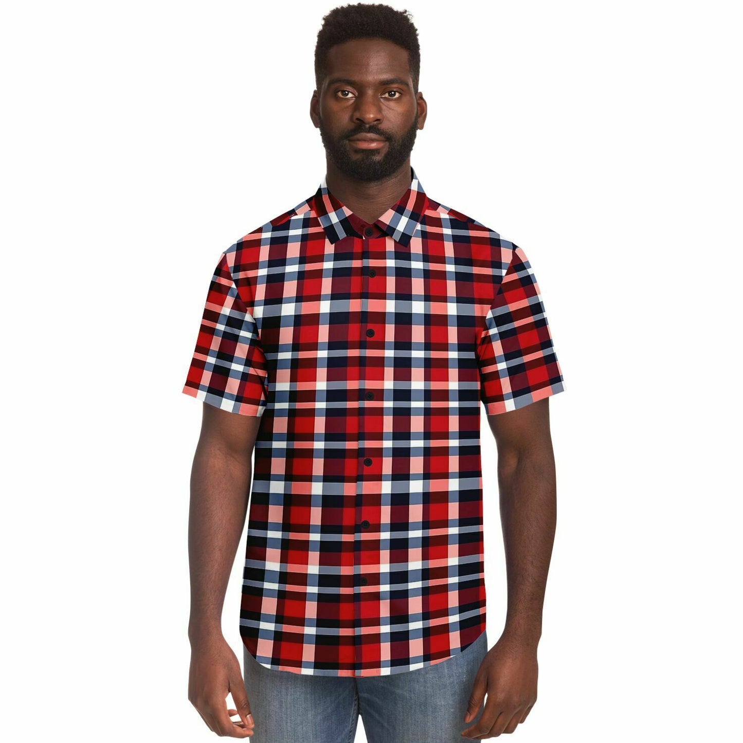 Buffalo Plaid Short Sleeve Men Button Up Shirt, Red White Blue Tartan Print Casual Buttoned Down Summer Collared Dress Shirt Starcove Fashion