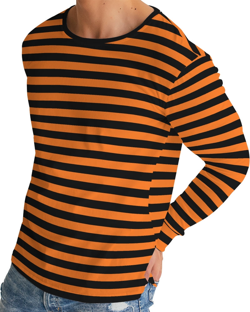 Orange Black Stripes Men Long Sleeve Tshirt, Striped Unisex Women Designer Guys Graphic Halloween Aesthetic Crew Neck Tee
