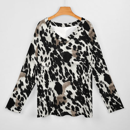 Cow Print Women Long Sleeve Tshirt loose fit, Black Brown Western Animal White Relaxed V-neck Graphic Aesthetic Ladies Female Tee Top Shirt - Starcove Fashion