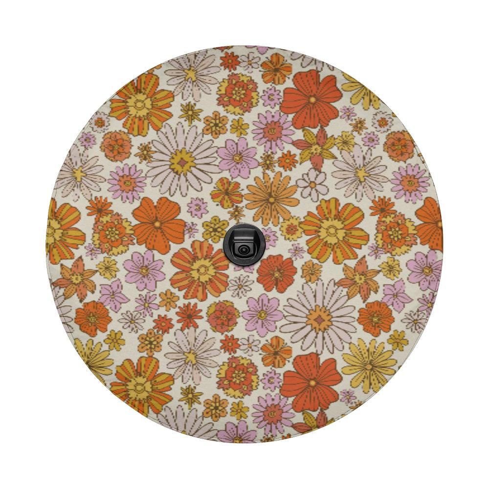 Groovy Floral Spare Tire Cover, Cute Orange 70s Flowers Backup Camera Hole Unique Back Extra Wheel Cars RV Men Women Girls Trailer Campers