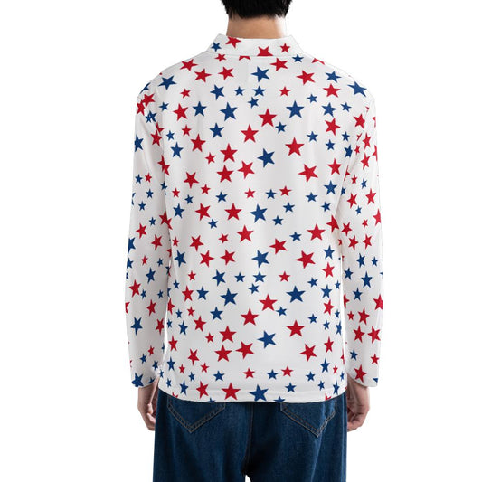 Red White Blue Stars Quarter Zip Men Shirt, American Patriotic Long Sleeve 1/4 Athletic Golf Jersey Moisture Wicking Running Sports Tshirt