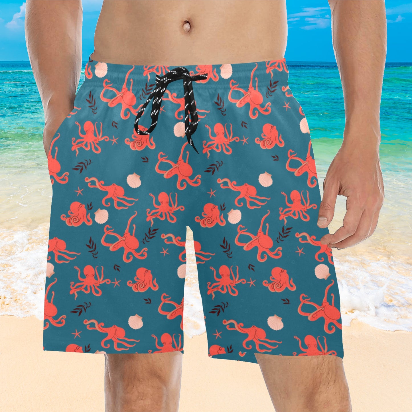 Octopus Men Swim Trunks, Ocean Sea Print Mid Length Shorts Beach Pockets Mesh Linen Drawstring Boys Casual Bathing Swimsuit Summer Plus Size Starcove Fashion