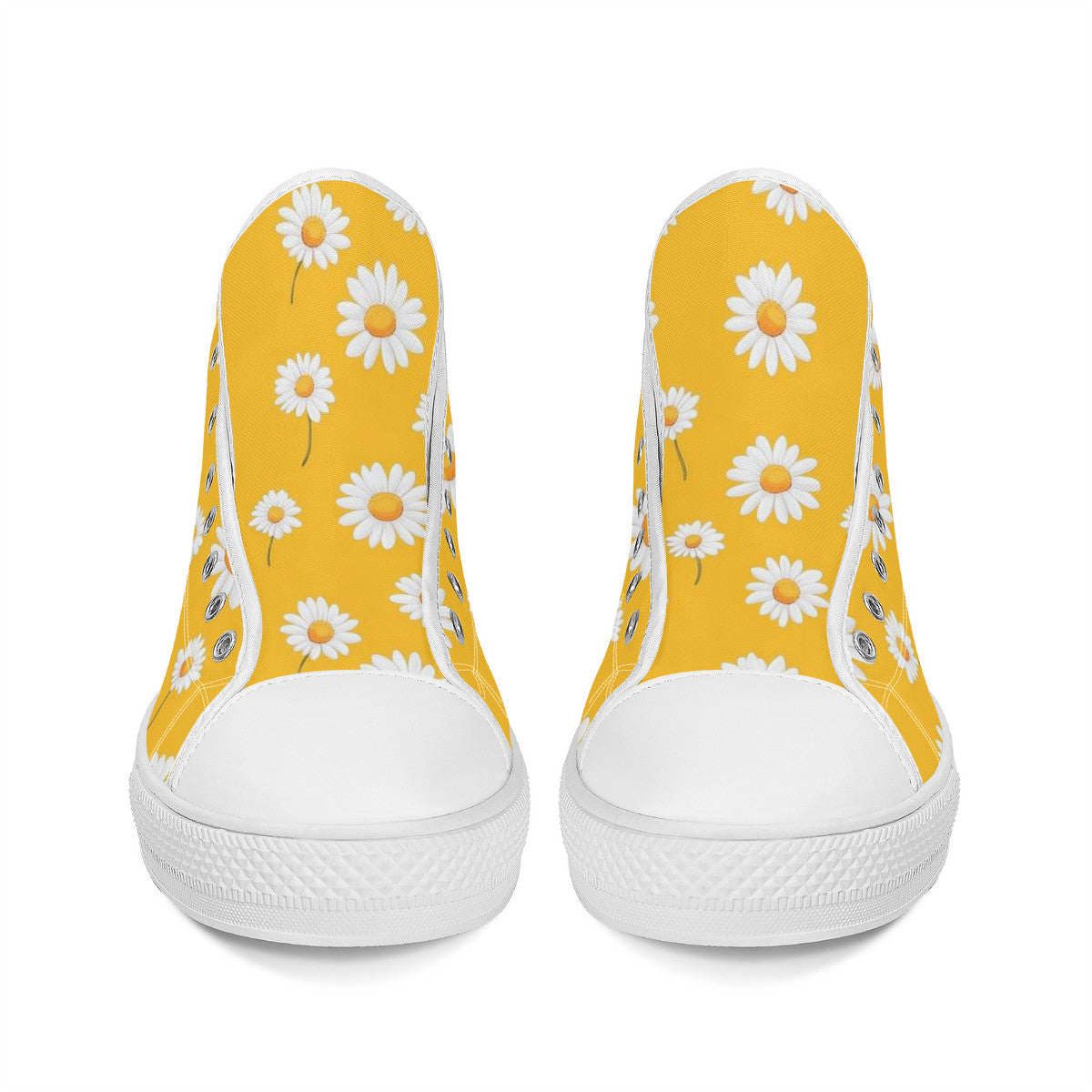 Yellow Floral High Top Shoes Sneakers, White Daisy Flowers Men Women Lace Up Casual Footwear Rave Canvas Streetwear Designer Ladies Guys