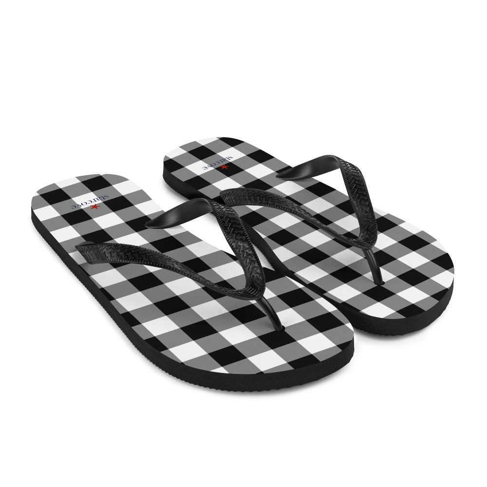 Buffalo Plaid Flip Flops, Black White Check Comfortable Footwear Thong Sandals Summer Woman Men Beach Print Rubber Shoes Starcove Fashion