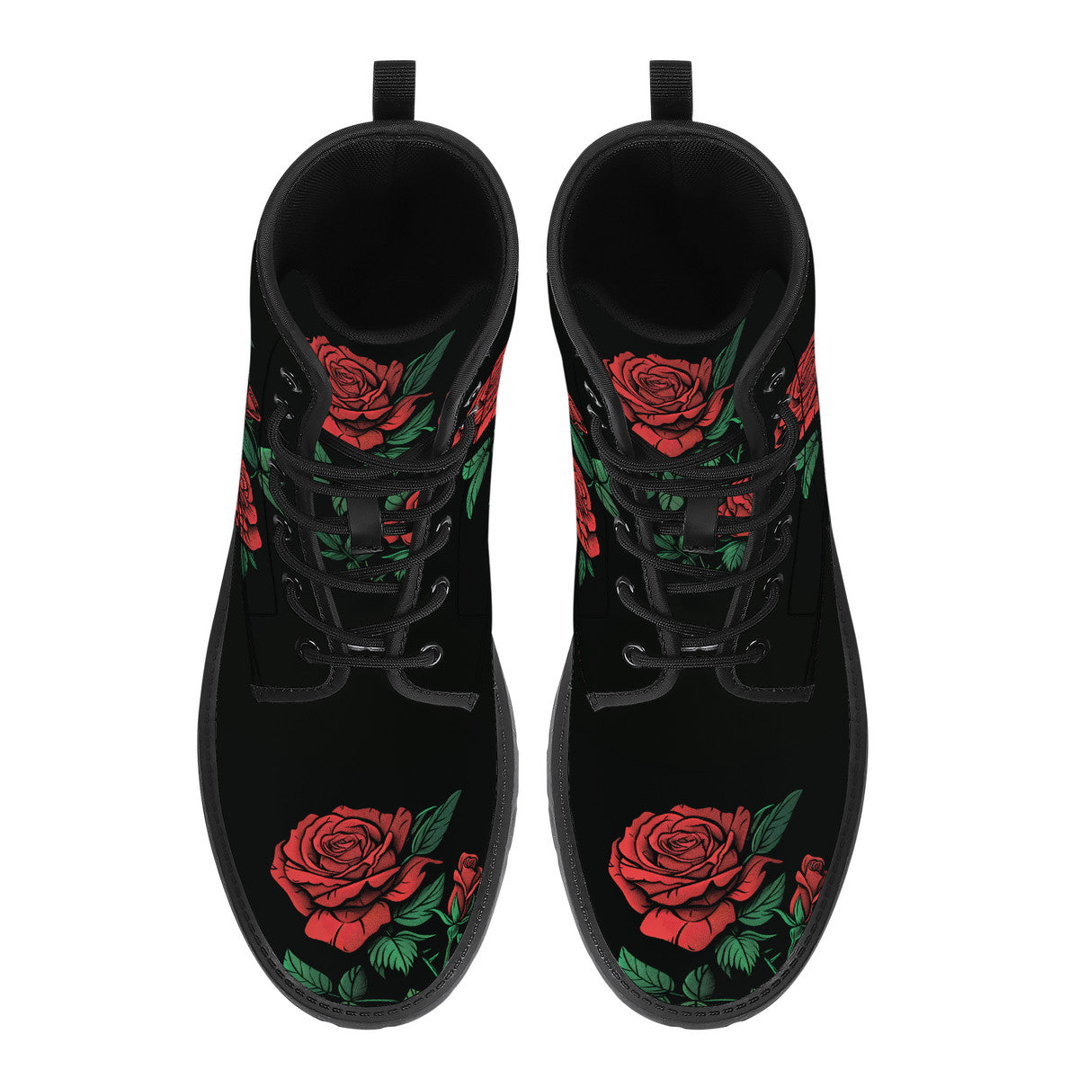 Red Roses Boots, Floral Flowers Women Men Black Vegan Leather Lace Up Shoes Print Ankle Punk Combat Gothic Winter Ladies Designer