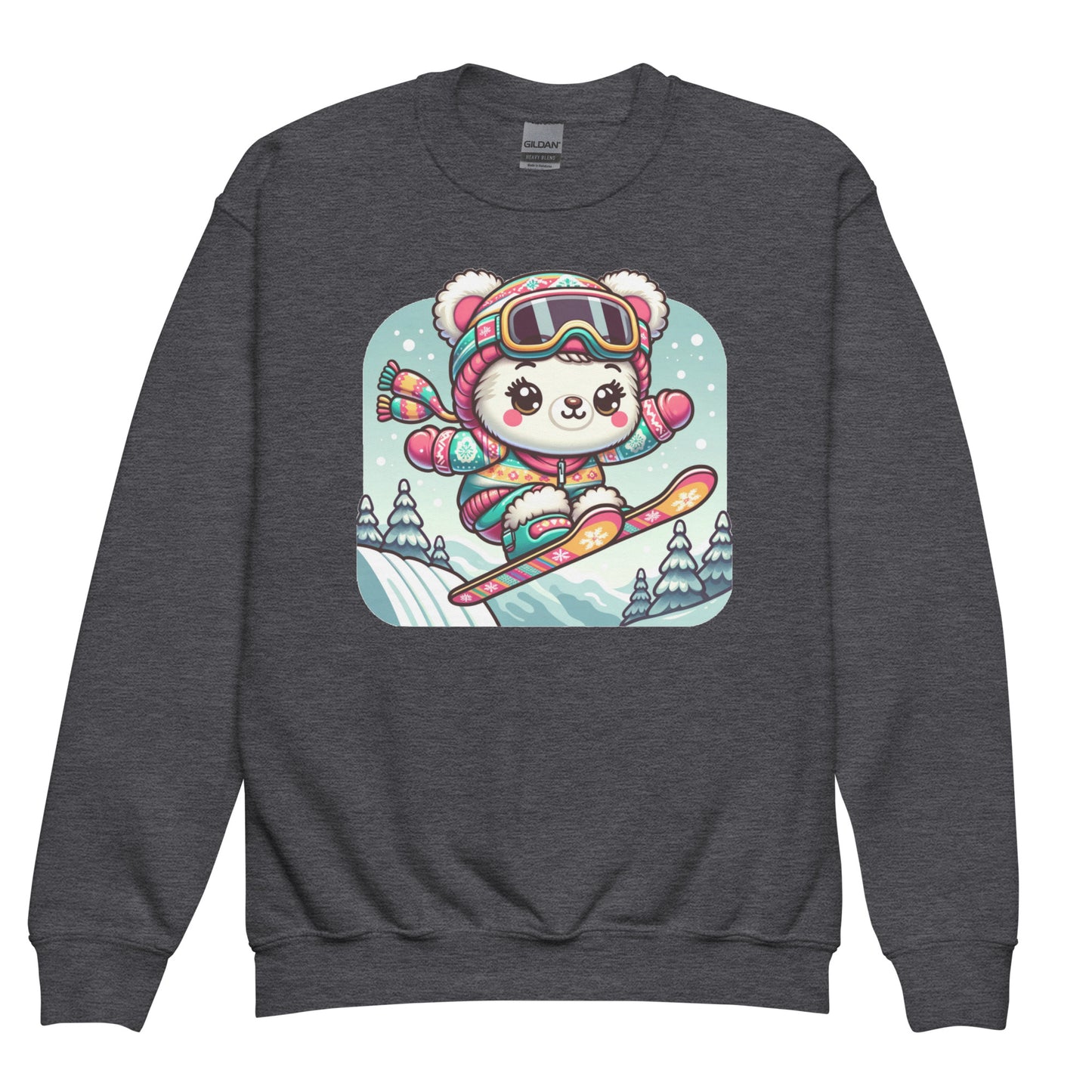 Cute Bear Skiing Youth Sweatshirt, Ski Winter Snow Sweater Girls Boys Kids Skier Kawaii Vintage Retro Cotton Winter Holiday Mountain