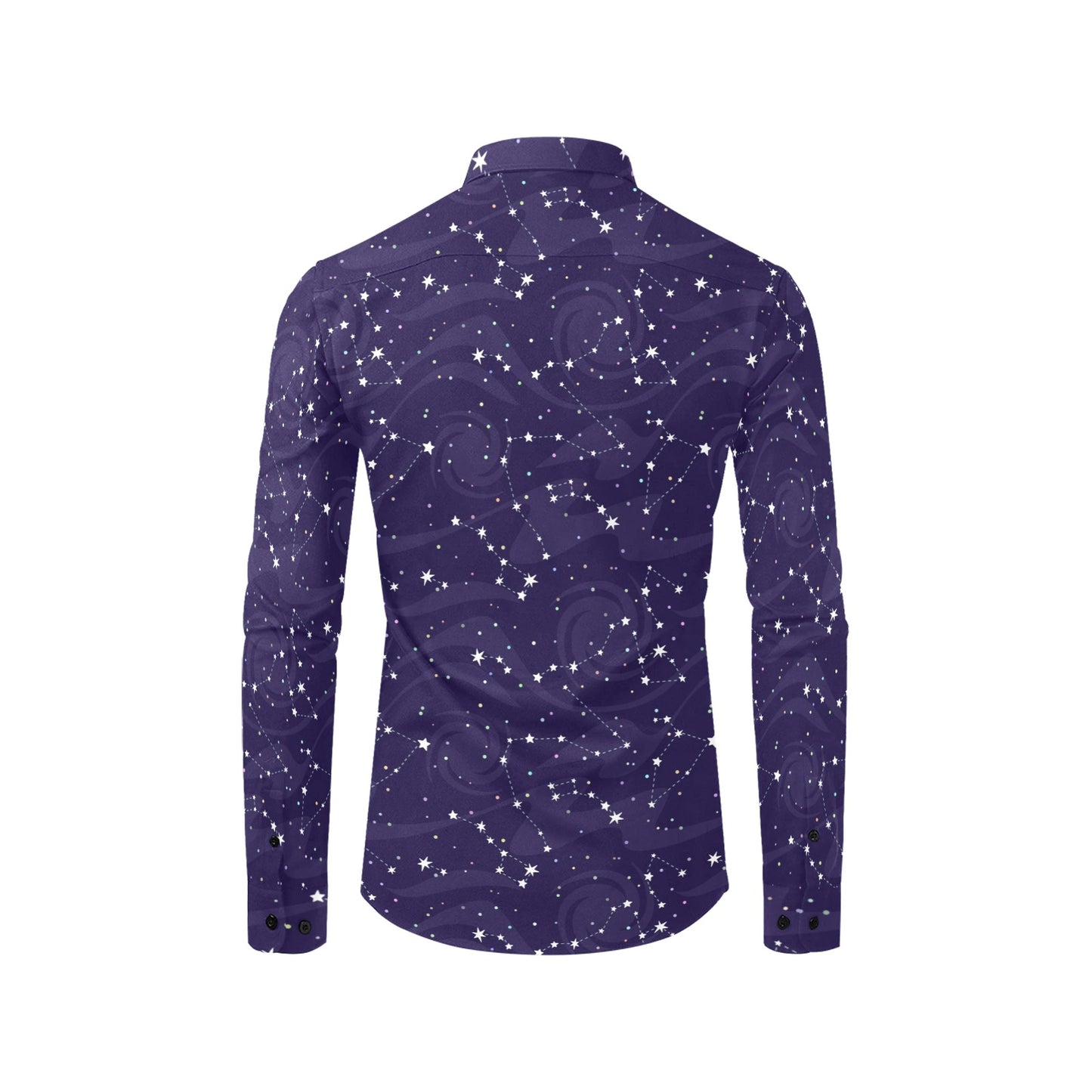 Constellation Space Long Sleeve Men Button Up Shirt, Universe Galaxy Purple Stars Print Buttoned Collared Casual Dress Shirt Chest Pocket