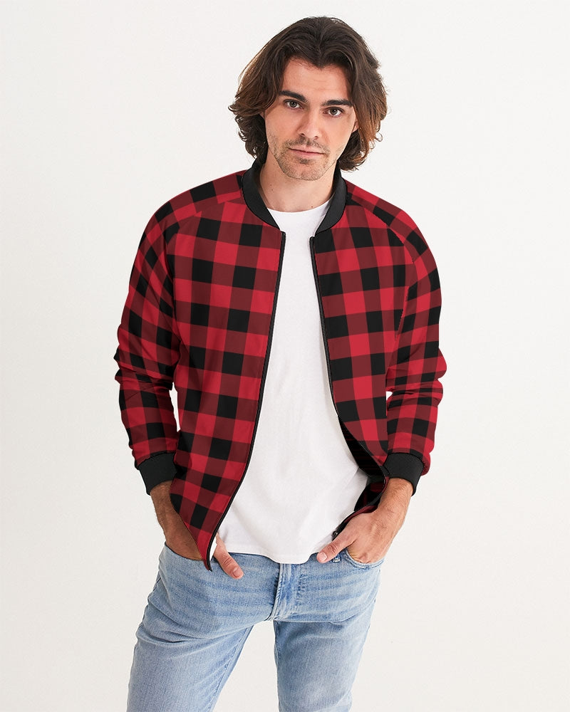Red Buffalo Plaid Men's Bomber Jacket, Black Check Checkered