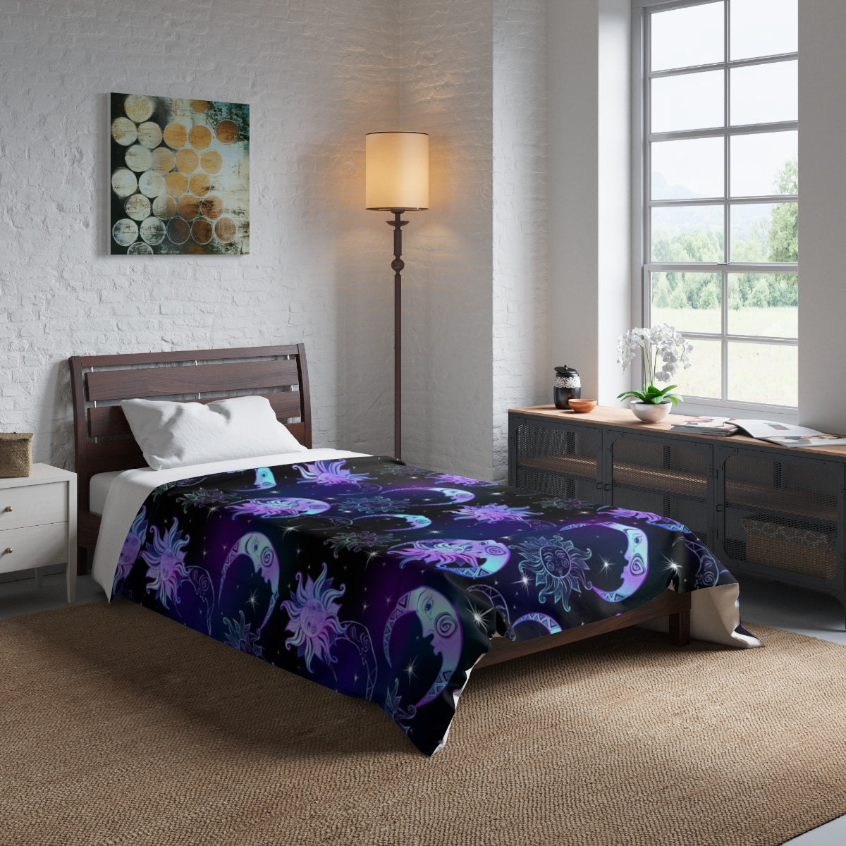 Sun Moon Stars Bed Comforter, Purple Night Time, Crescent Moon Celestial Art Astrology Night Sky King Queen Twin Single Bedding Bedroom Starcove Fashion
