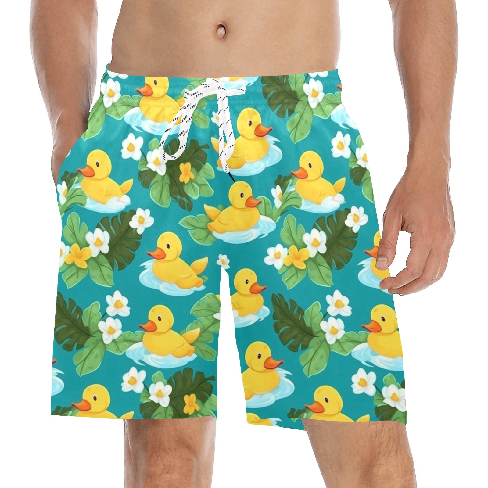 Yellow Rubber Duck Men Swim Trunks Shorts, Tropical Print Swimming