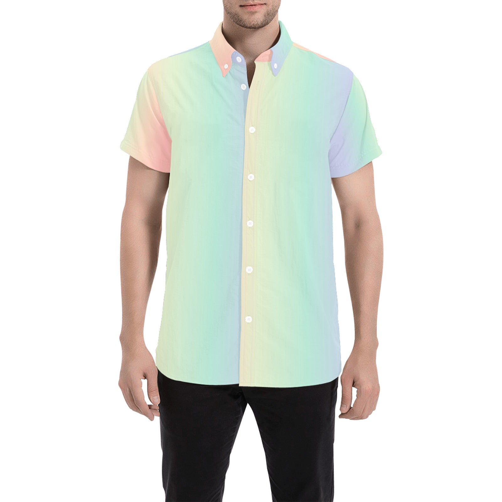 Pastel Rainbow Shirt Mens, Ombre Striped Short Sleeve Button Up Green Purple Print Fun Casual Buttoned Down Summer Collared Dress Plus Size S Pastel Rainbow Shirt Mens, Ombre Striped Short Sleeve Button Up Green Purple Print Fun Casual Buttoned Down Summer Collared Dress Plus Size S